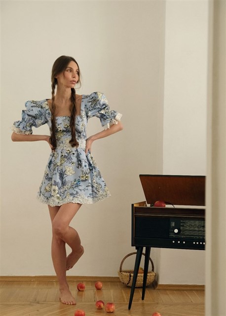 Blue cotton padded and lace dress - photo 12702