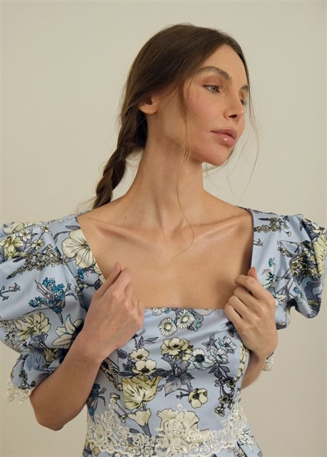 Blue cotton padded and lace dress - photo 12989