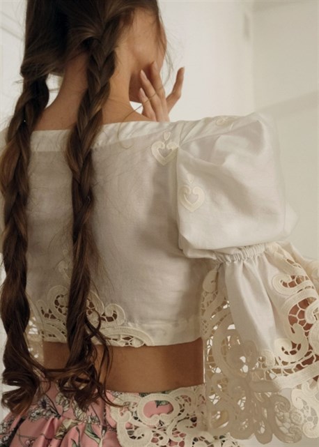 Short two-tiered cotton skirt with lace - photo 12994