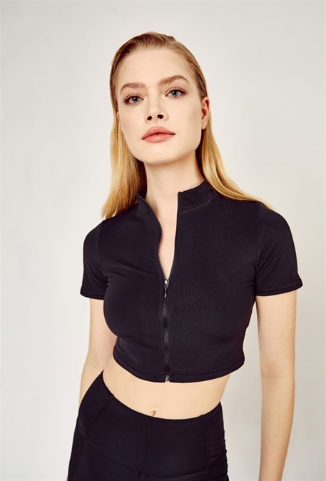 Cropped T-shirt with zipper "Black - photo 16361