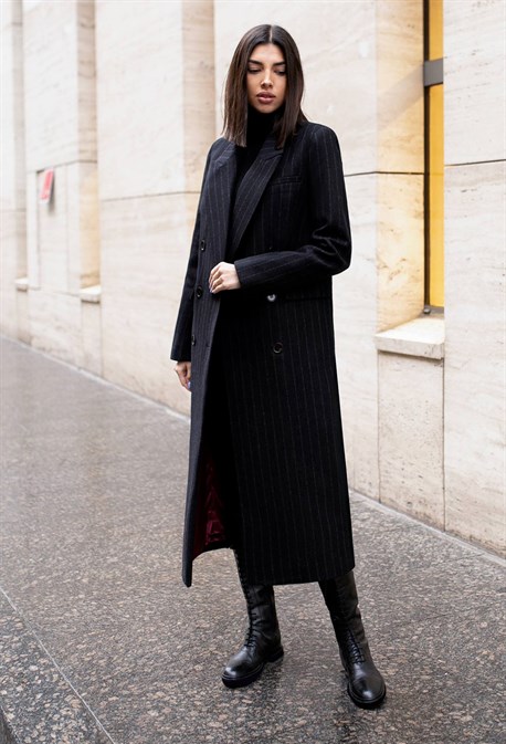 Women's black striped coat - photo 31745