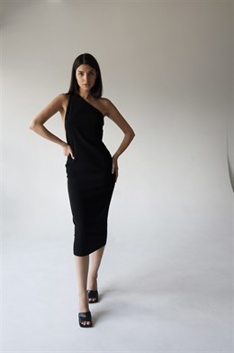 Black one shoulder midi dress