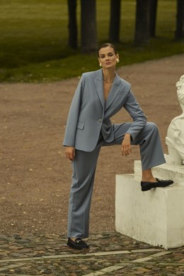 blue and grey trouser suit